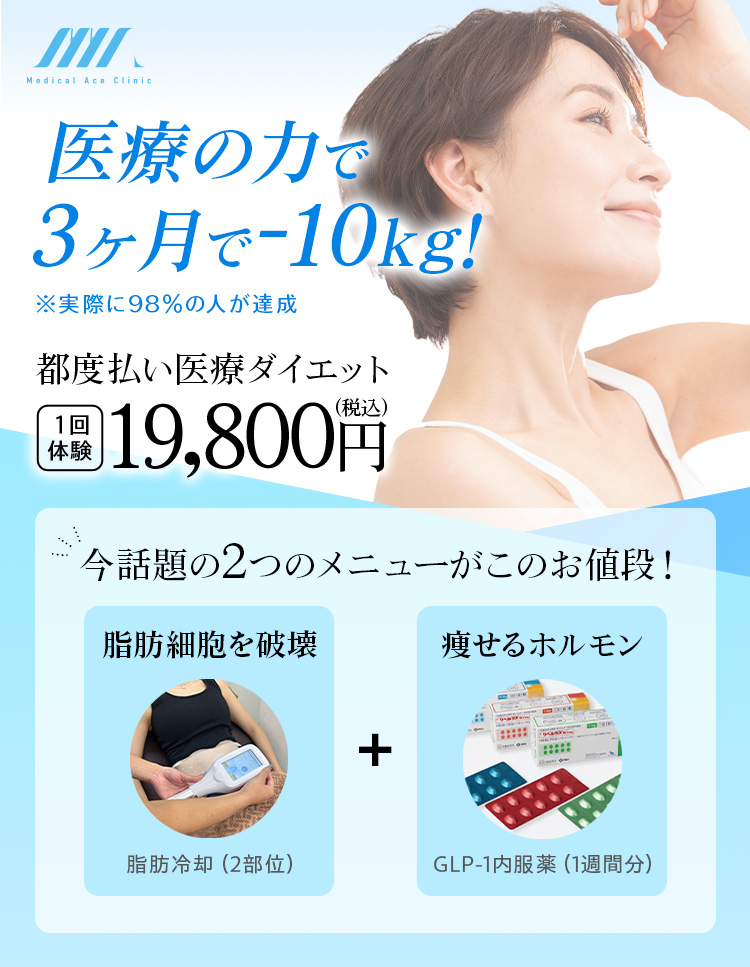 医療の力で3ヶ月で-10kg! 都度払い医療ダイエット1回体験19,800円（税込）